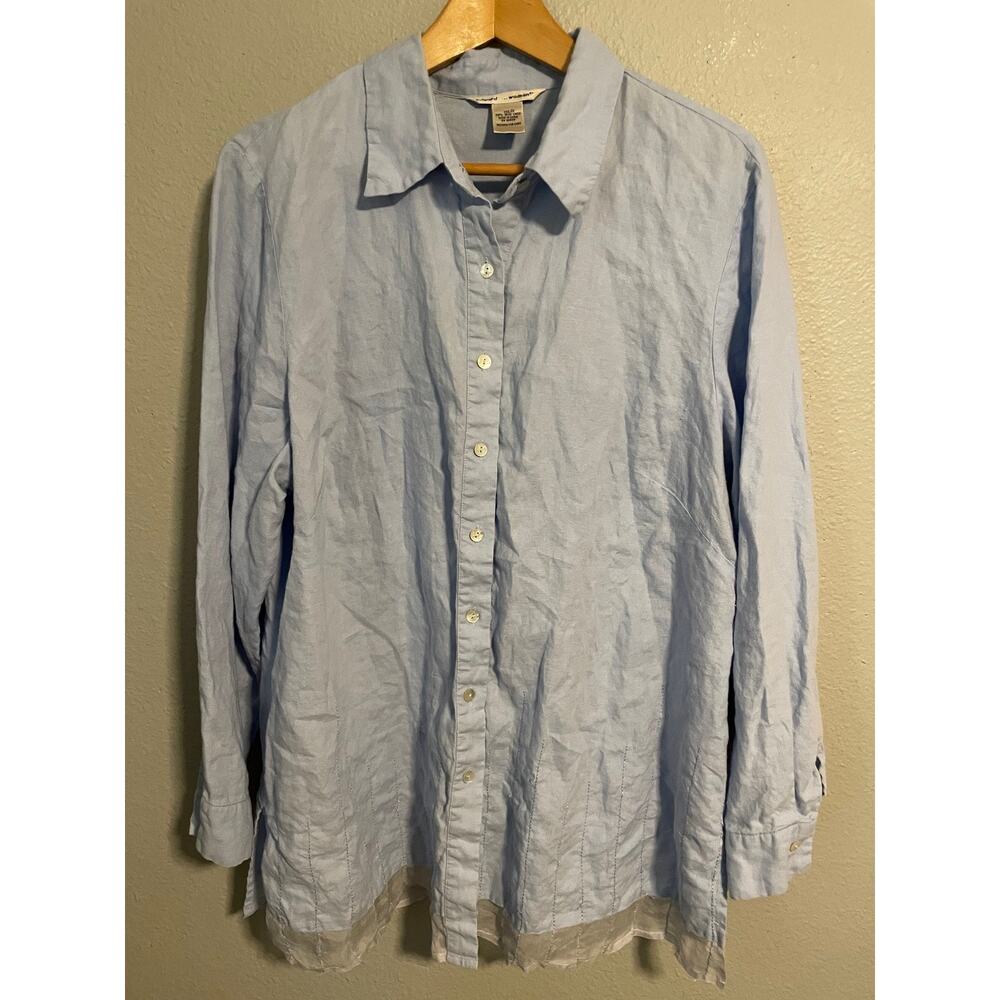 Vintage Edward Top Womens 2XL Blue Irish Linen Button Up Long Sleeve Neutral